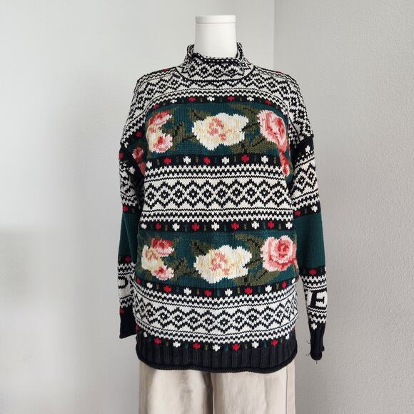 Vintage 90s Express Tricot Knit Sweater Floral Fair Isle Mock Neck Whimsigoth M - Picture 10 of 10